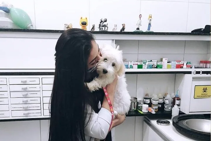 Veterinário do Amigo Fiel com um cãozinho no colo